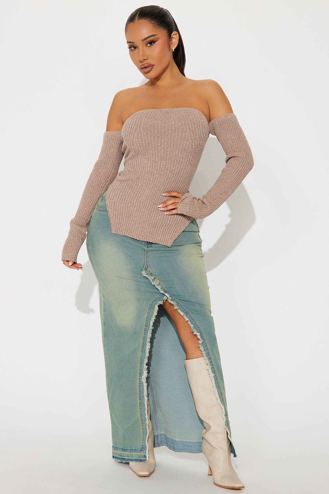Treat Yourself Off Shoulder Sweater - Taupe Product Image
