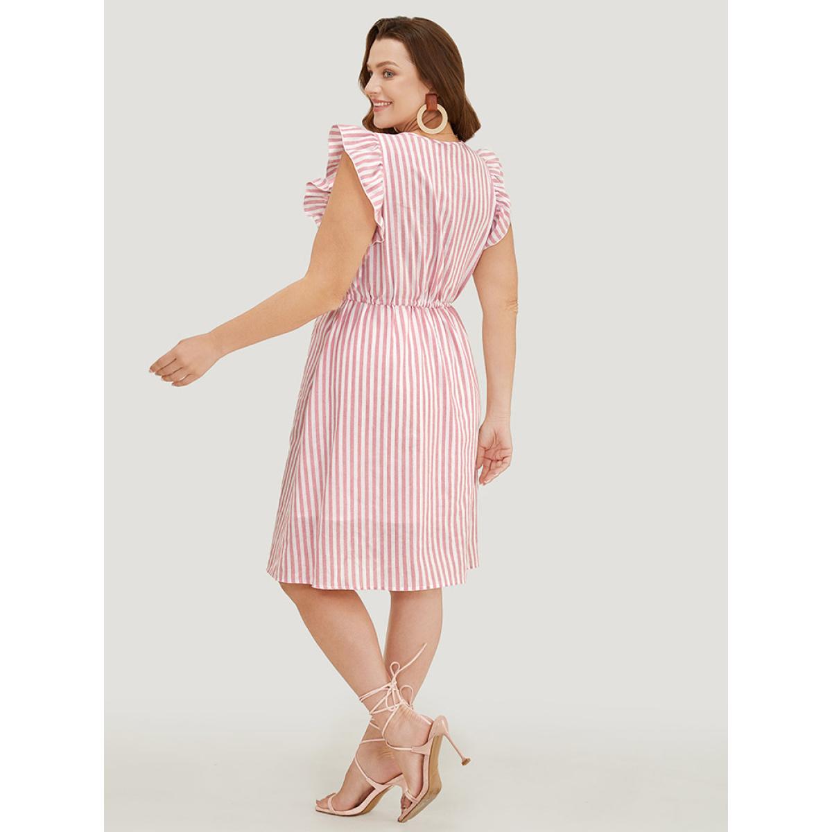 Plus Size Striped Print Button Detail Ruffle Trim Drawstring Dress Pink Women Vacation Drawstring V-neck Cap Sleeve Curvy Knee Dress BloomChic 18-20/2X Product Image