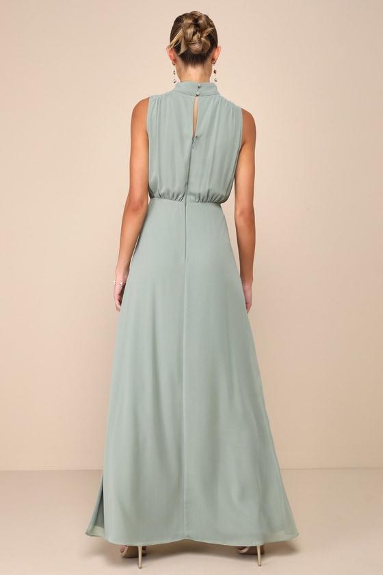 Classic Elegance Sage Chiffon Sleeveless Mock Neck Maxi Dress Product Image