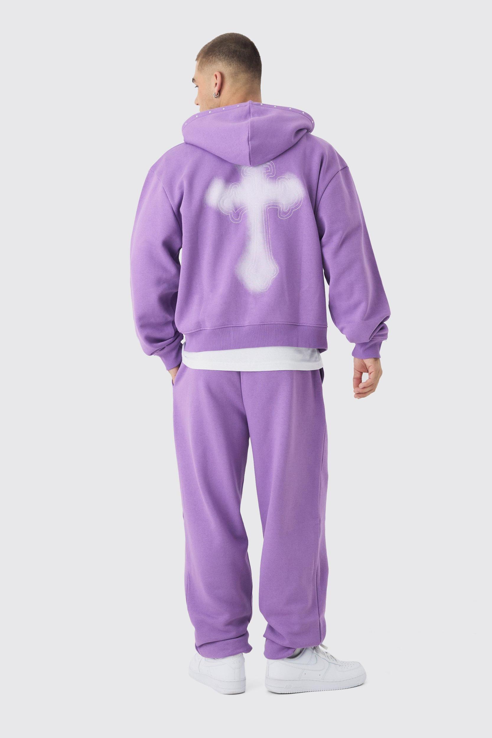 Oversized Boxy Cross Embroidered Zip Through Hooded Tracksuit | boohooMAN USA Product Image