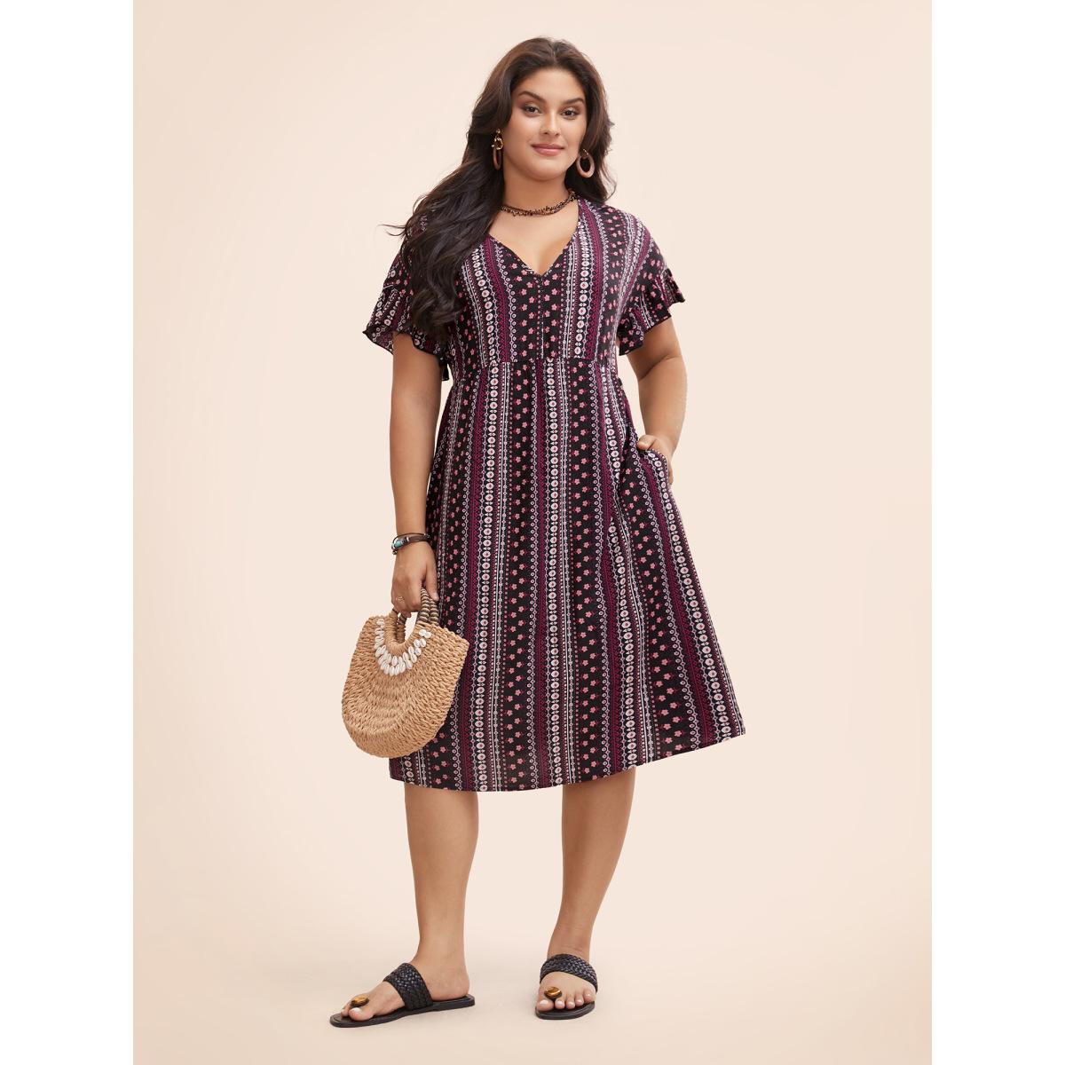 Plus Size Bandana Print Pocket V Neck Ruffle Sleeve Dress Purple Women Vacation Printed V-neck Short sleeve Curvy Midi Dress BloomChic 30/6X Product Image