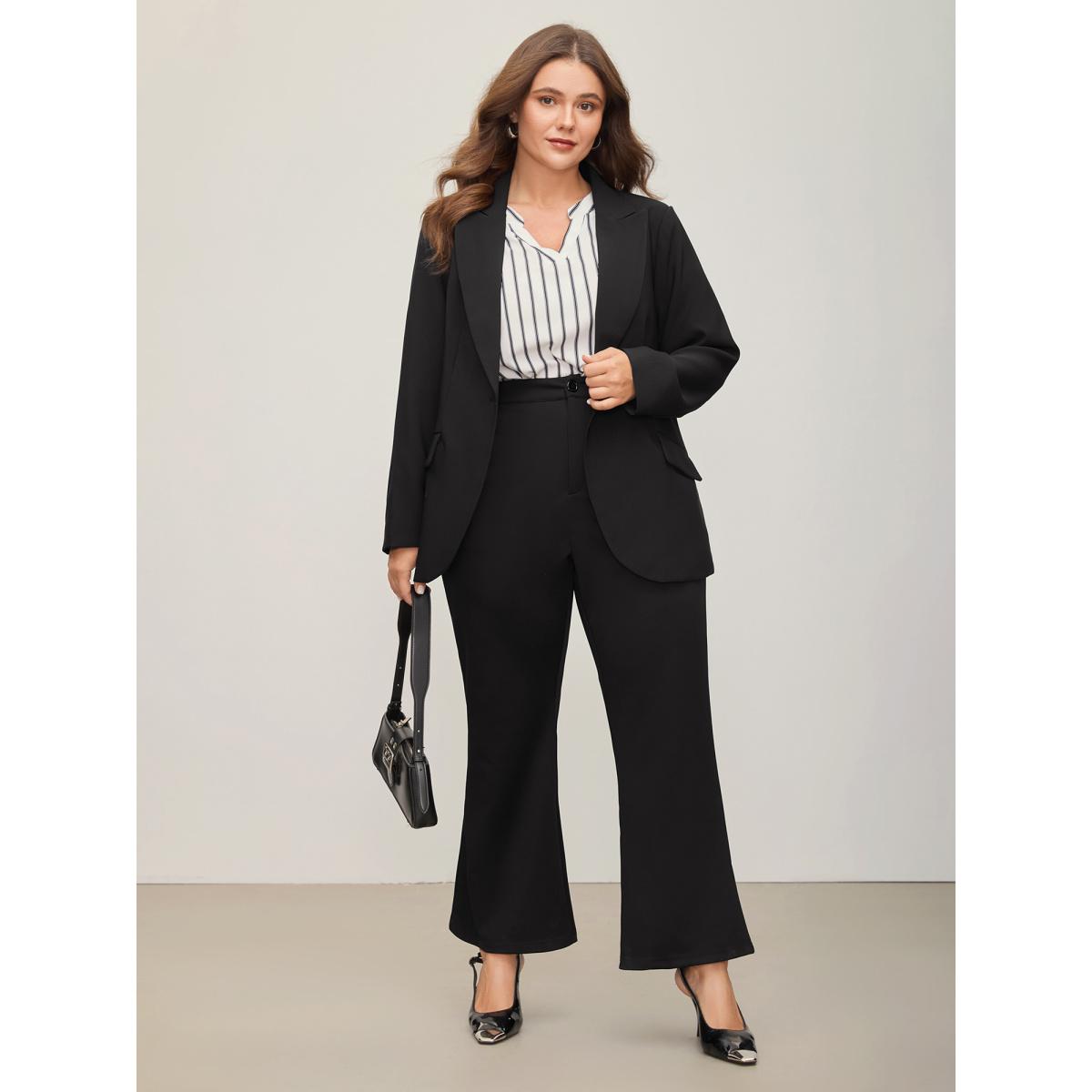Plus Size Stretch Woven Pocket Slim-Fit Blazer Black Women Office Button Sleeve Extra Long Sleeve Suit Collar 26/4X Open pocket with flap Office Blazers BloomChic Product Image