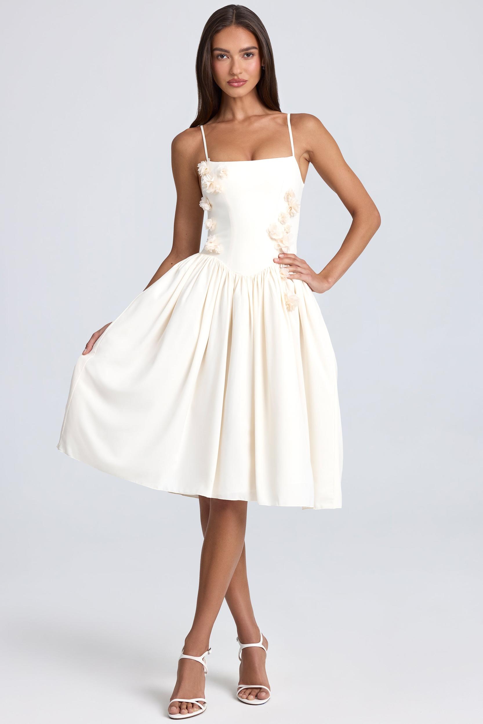 Floral-Appliqué Midi Dress in Ivory Product Image
