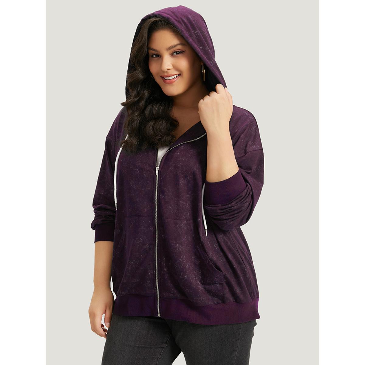 Plus Size Heather Hooded Drawstring Pocket Zipper Fly Sweatshirt Women Purple Casual Elastic cuffs Hooded Everyday Sweatshirts BloomChic 30/6X Product Image