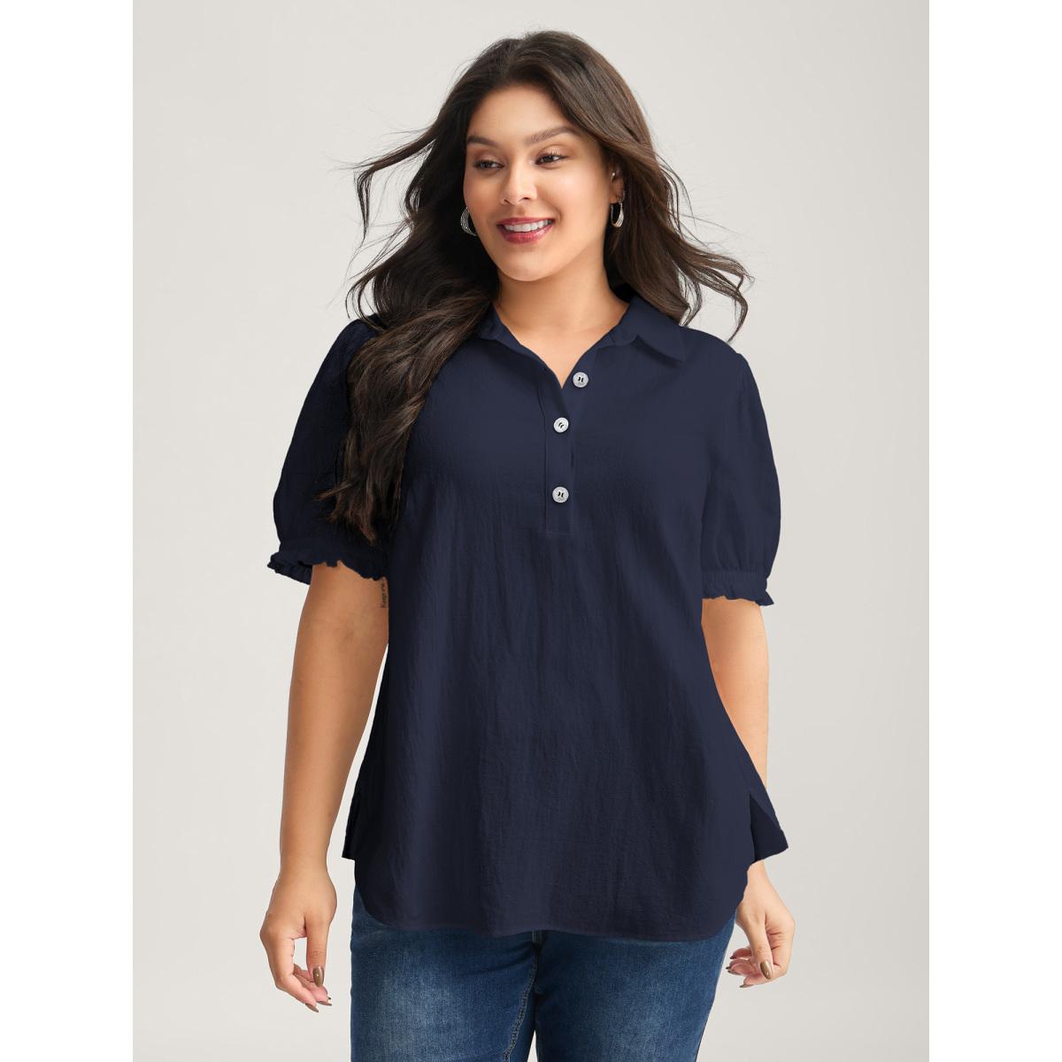 Plus Size Black Pure Cotton Ruffled Puffy Sleeve Blouse Women Office Short sleeve Shirt collar Office Blouses BloomChic 18-20/2X Product Image