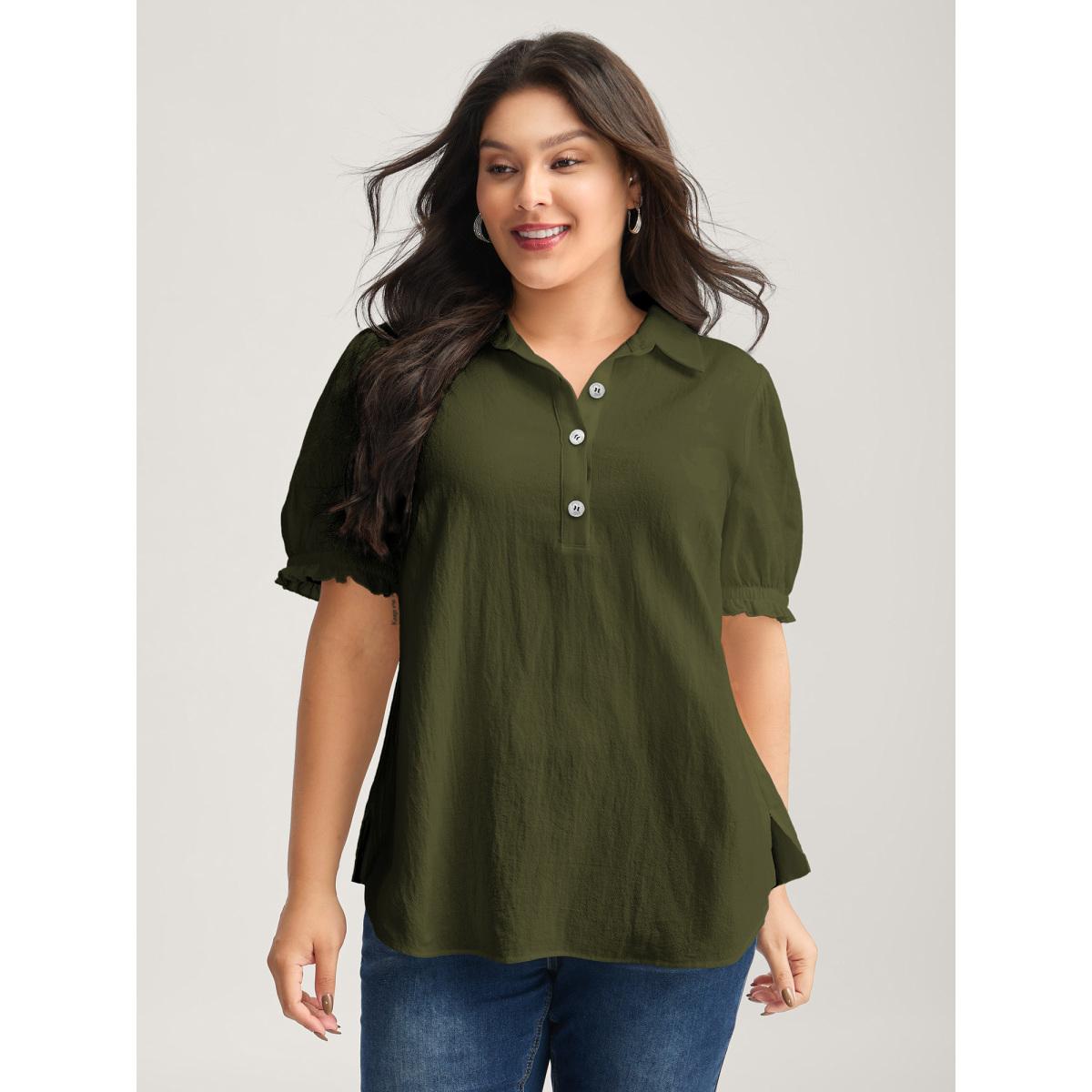 Plus Size Cyan Pure Cotton Ruffled Puffy Sleeve Blouse Women Office Short sleeve Shirt collar Office Blouses BloomChic 14-16/1X Product Image