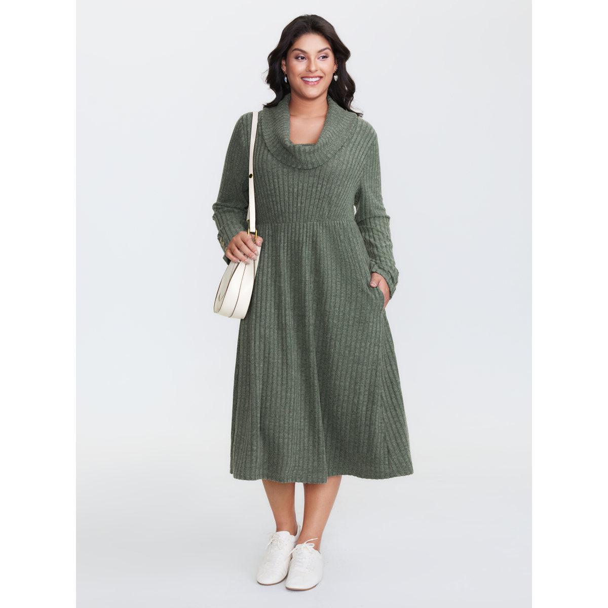 Plus Size Cowl Neck Ribbed Fitted Knit Dress DarkSlateGray Women Leisure Texture Ruffled collar Extra Long Sleeve Curvy BloomChic 12/L Product Image