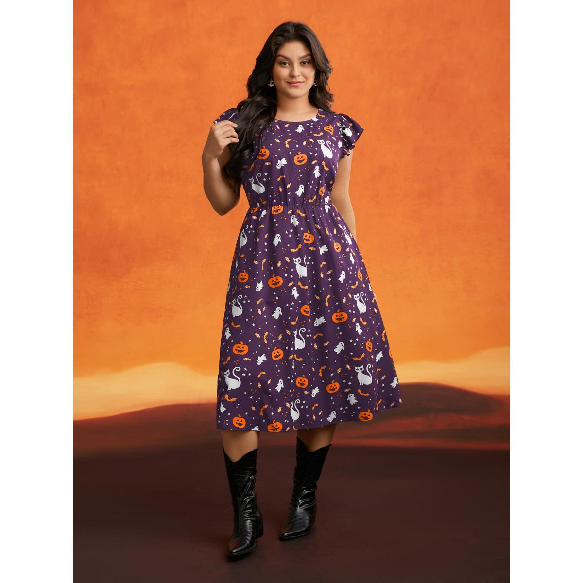 Plus Size Pumpkin Printed Ruffle Sleeves Midi Dress Deeppurple Women Casual Ruffles Party Curvy Bloomchic 12/L Product Image