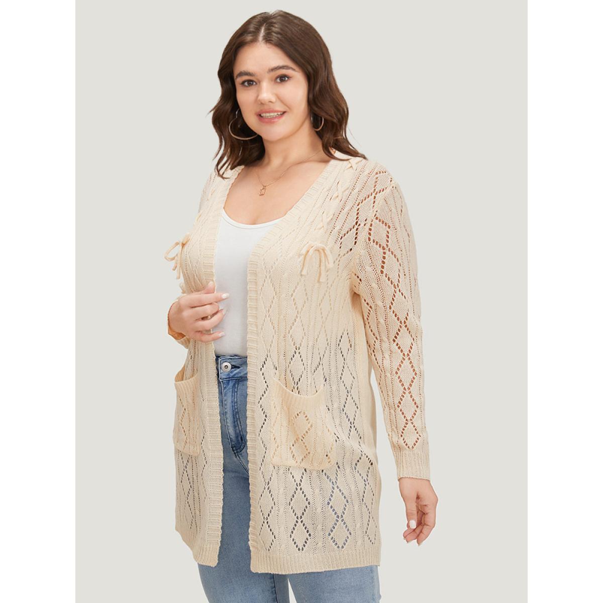 Plus Size Solid Bowknot Detail Patched Pocket Hollow Out Cardigan Apricot Women Casual Loose Long Sleeve Everyday Cardigans BloomChic 28/5X Product Image