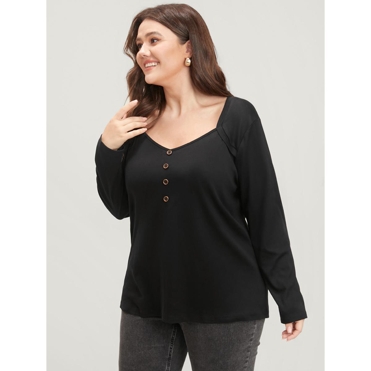 Plus Size Solid Button Detail V Neck Long Tee Black Women Elegant Button Plain V-neck Dailywear T-shirts BloomChic 26/4X Product Image