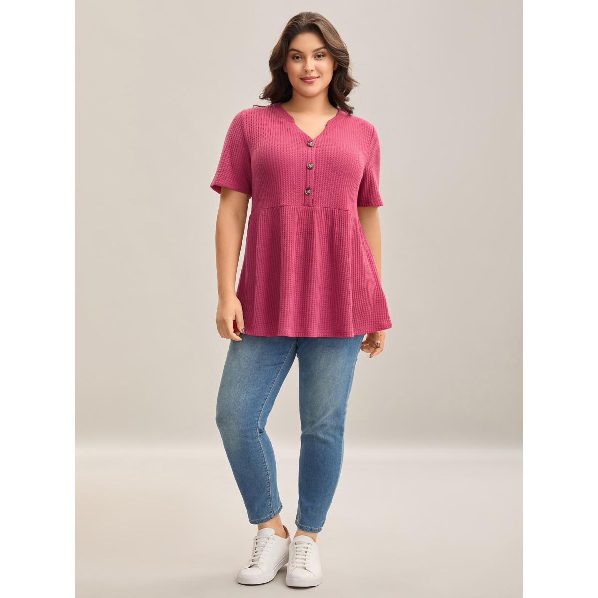 Plus Size Textured Notched Neck Button Plain T-Shirt Peach Women Leisure Texture Notched collar Bodycon Casual T-shirts BloomChic 28/5X Product Image