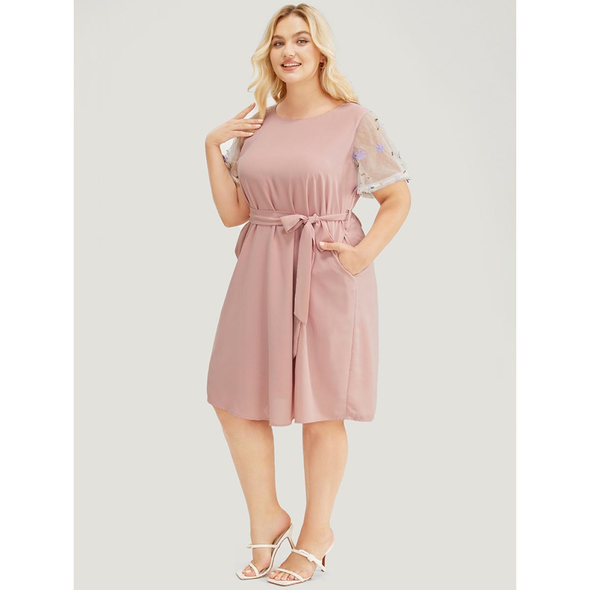 Plus Size Floral Mesh Sleeve Flutter Pocket Belt Knee Dress MistyRose Women Elegant Belted Round Neck Short sleeve Curvy Knee Dress BloomChic 22-24/3X Product Image