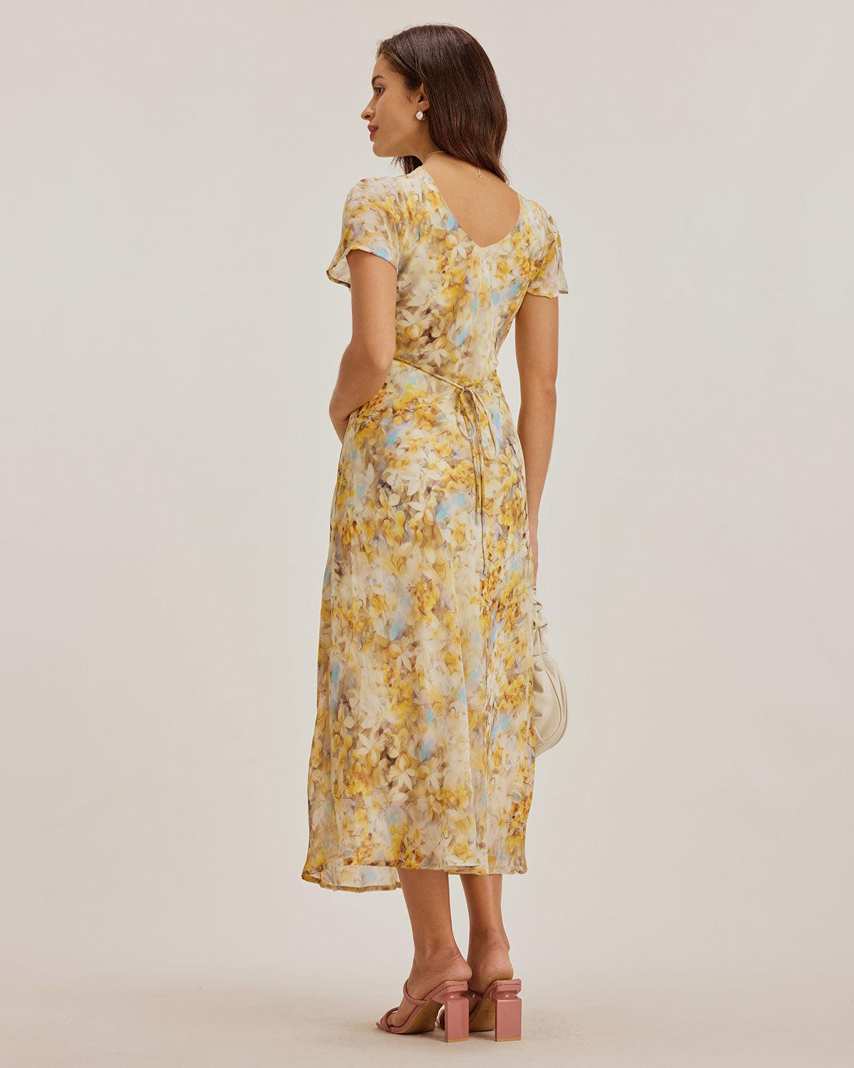 Yellow Floral Chiffon V Neck Maxi Dress Product Image