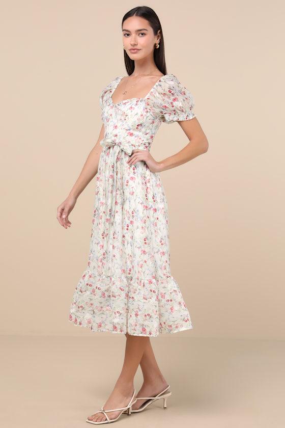 Galiena Ivory Floral Tiered Puff Sleeve Midi Dress Product Image