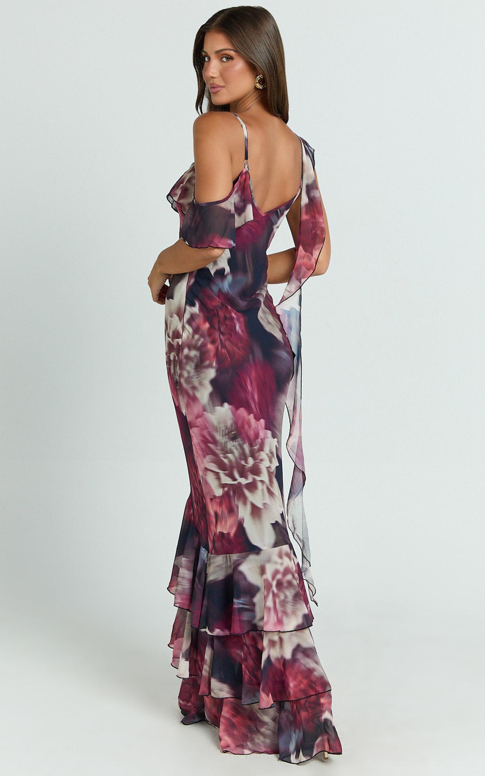 Riley Maxi Dress - Asymmetric Ruffle Detail Maxi Dress in Mariache Rose Product Image