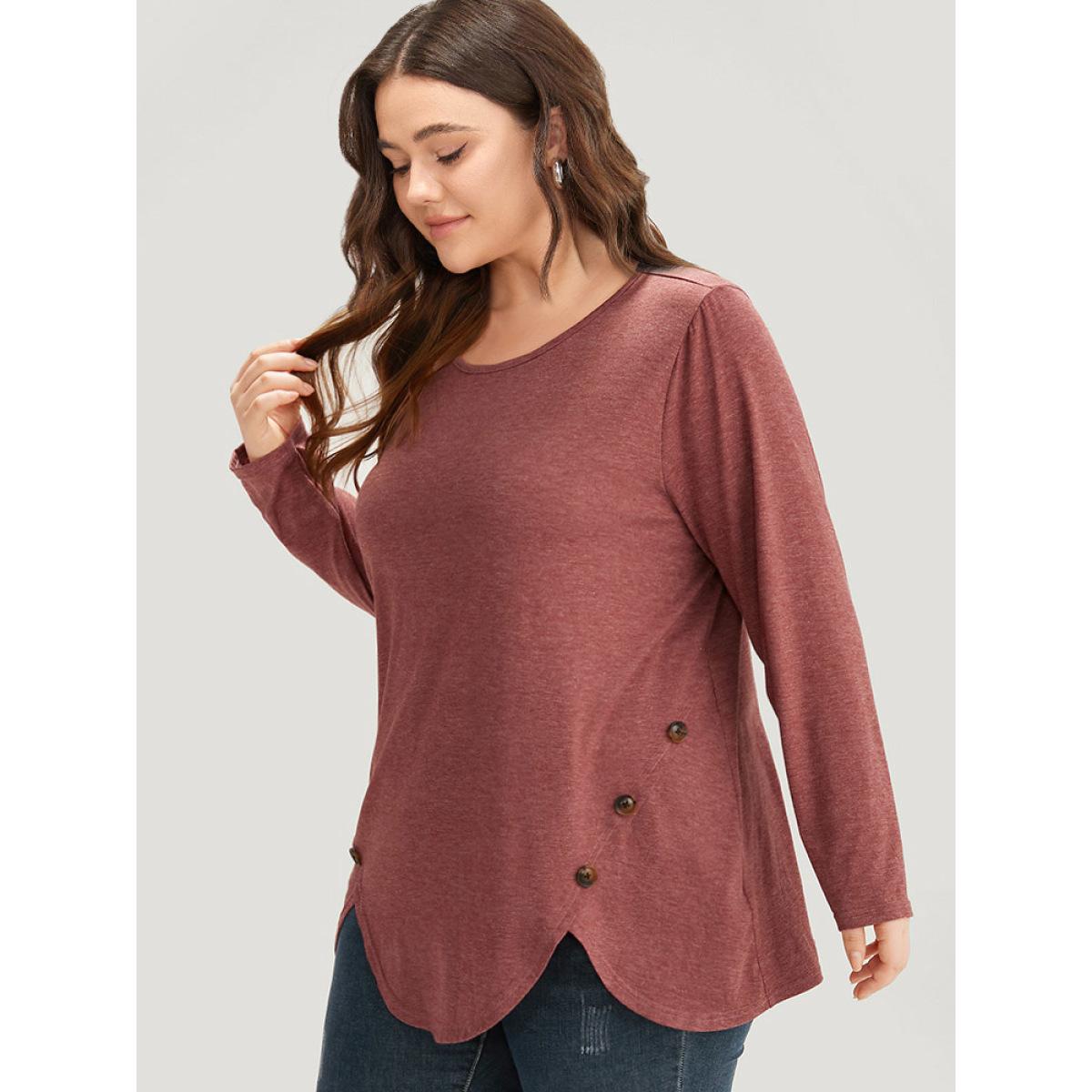 Plus Size Plain Round Neck Button Detail T-shirt Russet Women Casual Plain Plain Round Neck Dailywear T-shirts BloomChic 28/5X Product Image