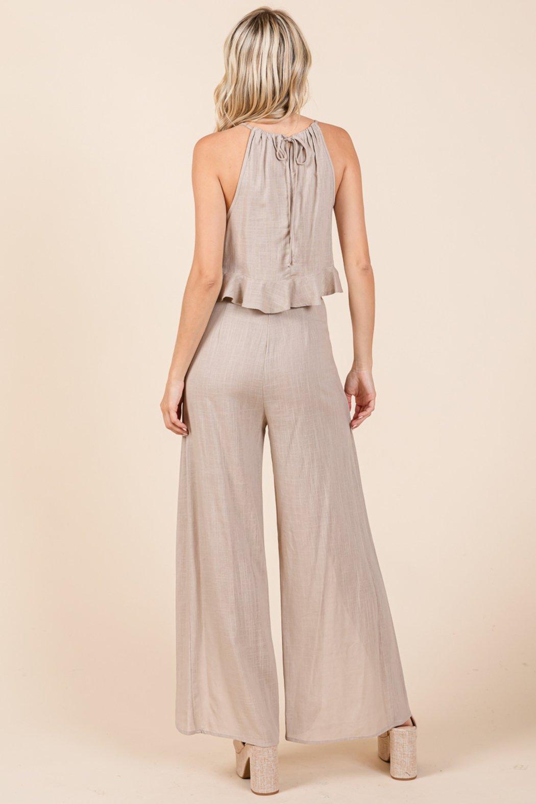 Linen Crop Top And Wide Slit Pants Two Piece Sets Product Image