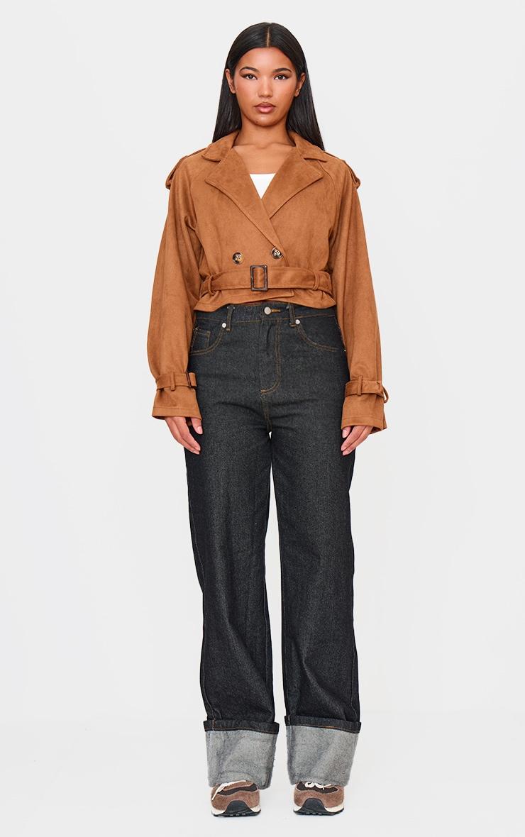 Tan Cropped Faux Suede Belted Trench Coat Product Image