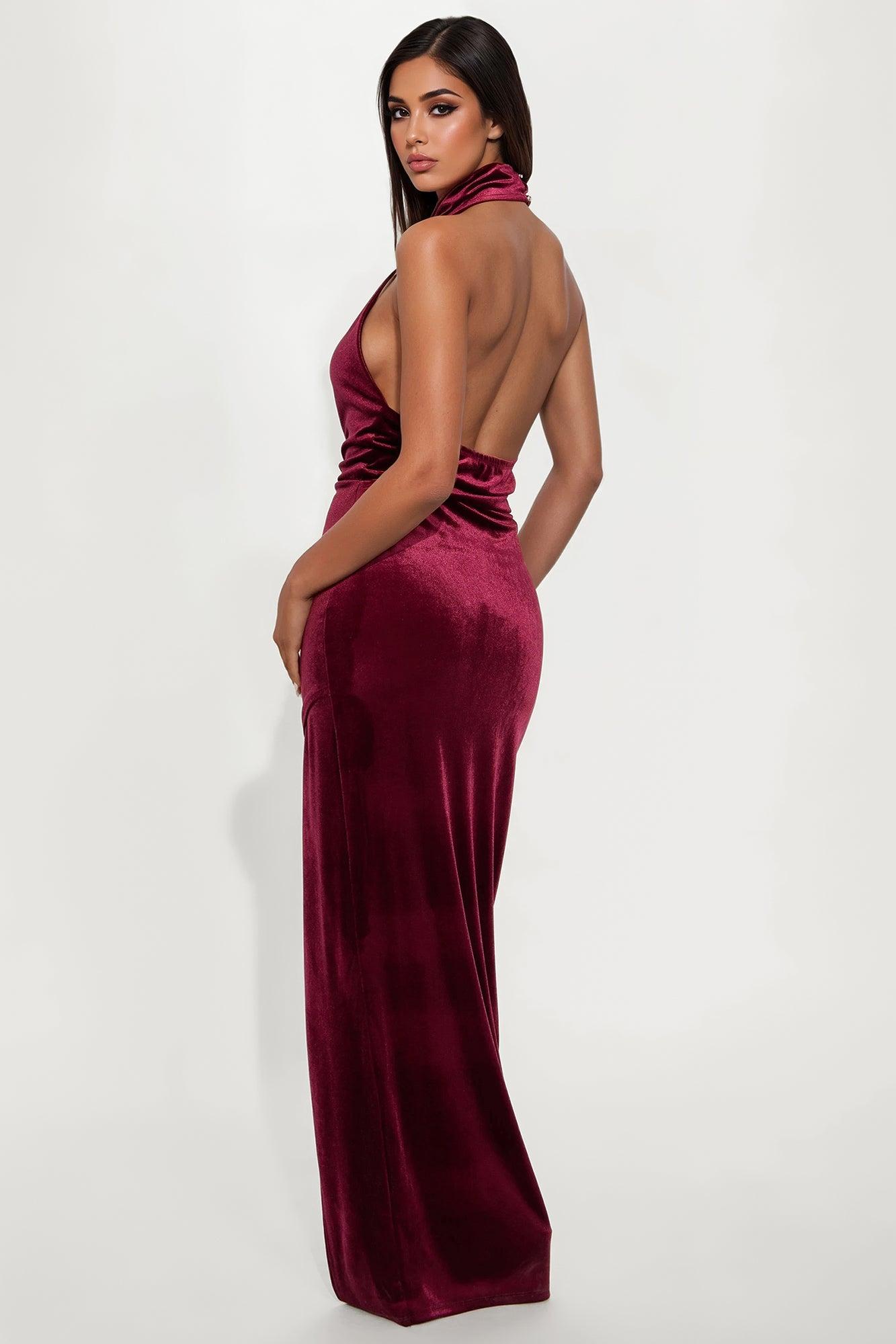 Here Often Velvet Maxi Gown - Burgundy Female Product Image