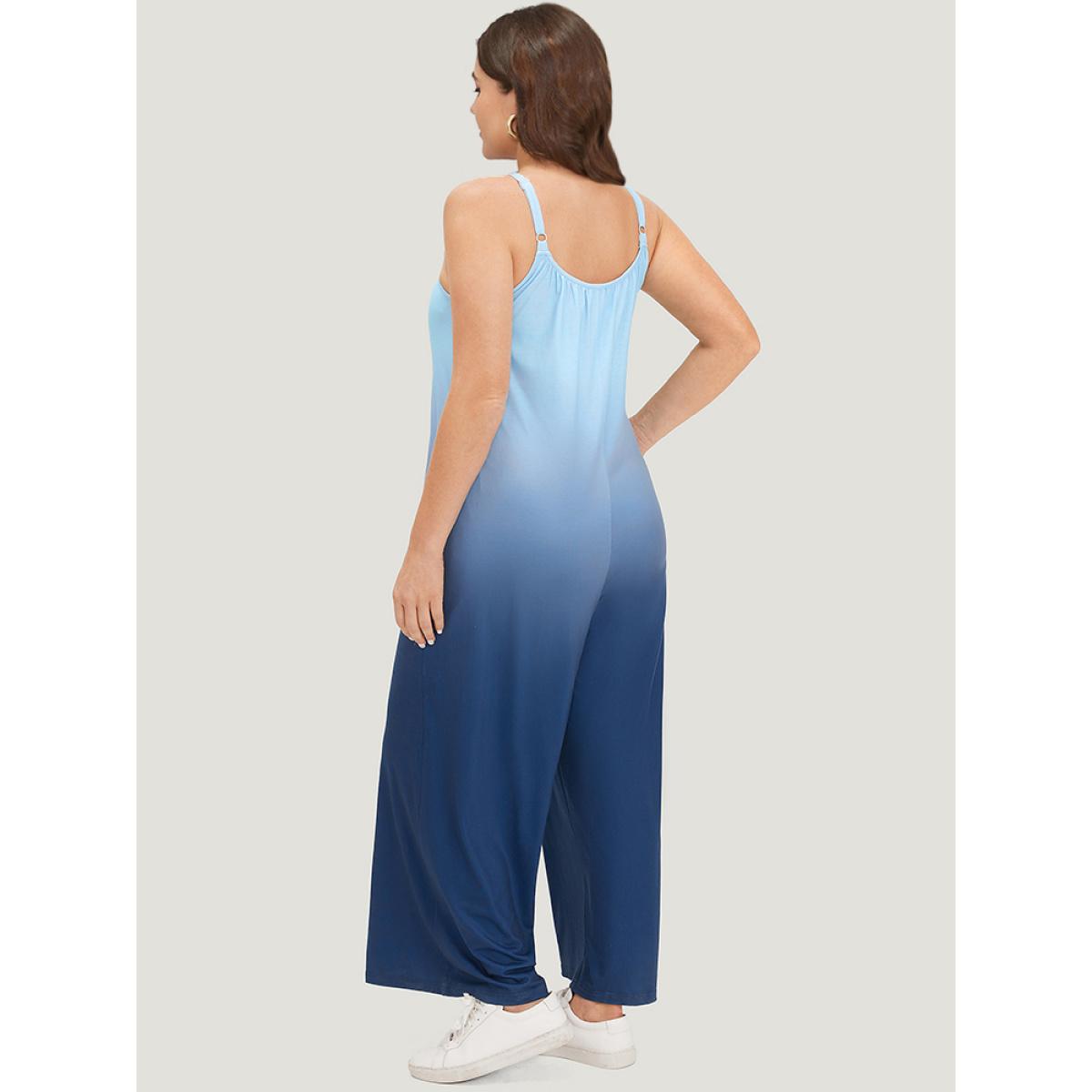 Plus Size DarkBlue Ombre Scoop Neck Pocket Adjustable Straps Jumpsuit Women Casual Sleeveless Spaghetti Strap Dailywear Loose Jumpsuits BloomChic 28/5X Product Image