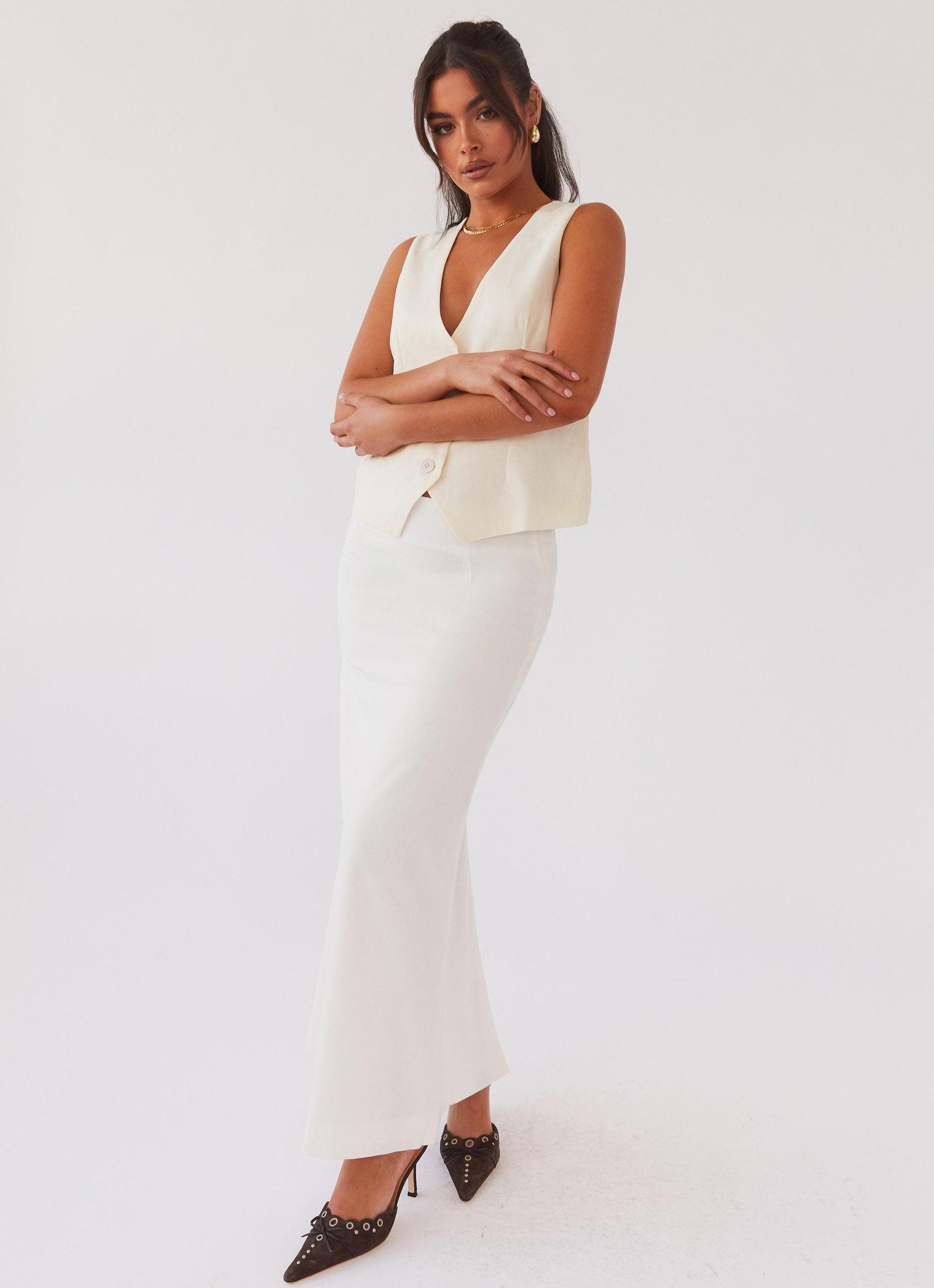 Born For Bordeaux Linen Midi Skirt - White Product Image
