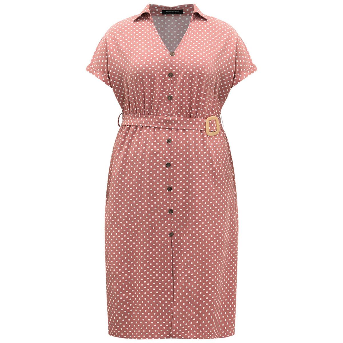 Plus Size Polka Dot Metal Buckle Belt Button Detail Dress DustyPink Women Office Belted V-neck Short sleeve Curvy Midi Dress BloomChic 14-16/1X Product Image