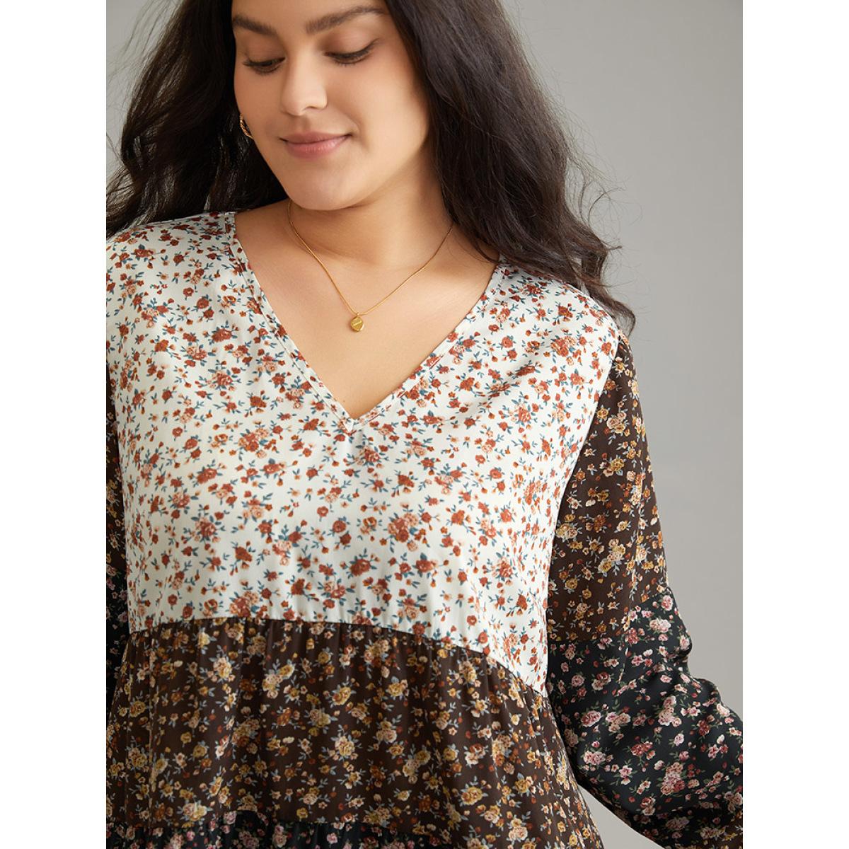 Plus Size Multicolor Ditsy Floral Contrast Patchwork Blouse Women Elegant Long Sleeve V-neck Dailywear Blouses BloomChic 14-16/1X Product Image