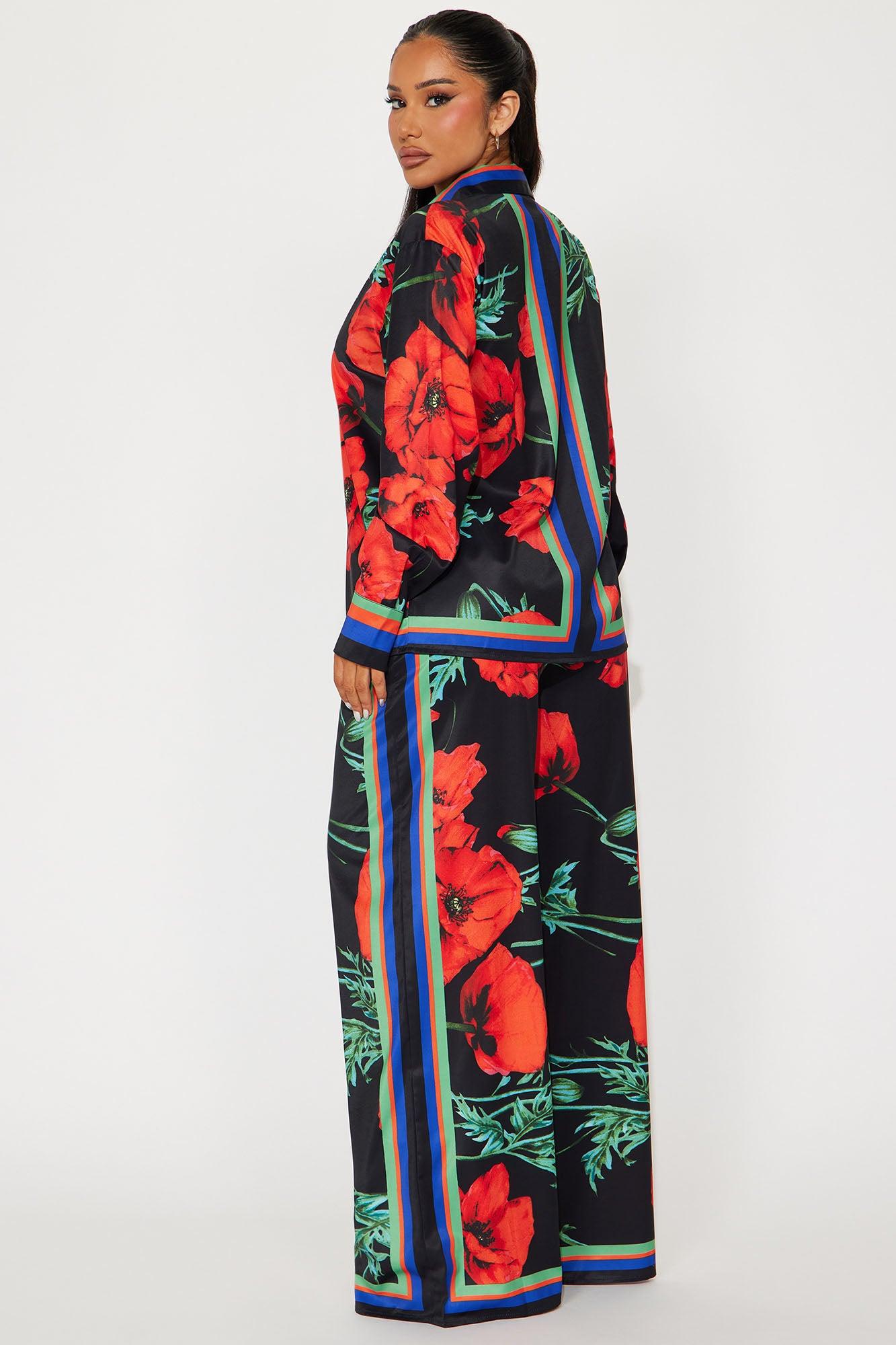 Show Out Floral Satin Pant Set - Black/combo Product Image