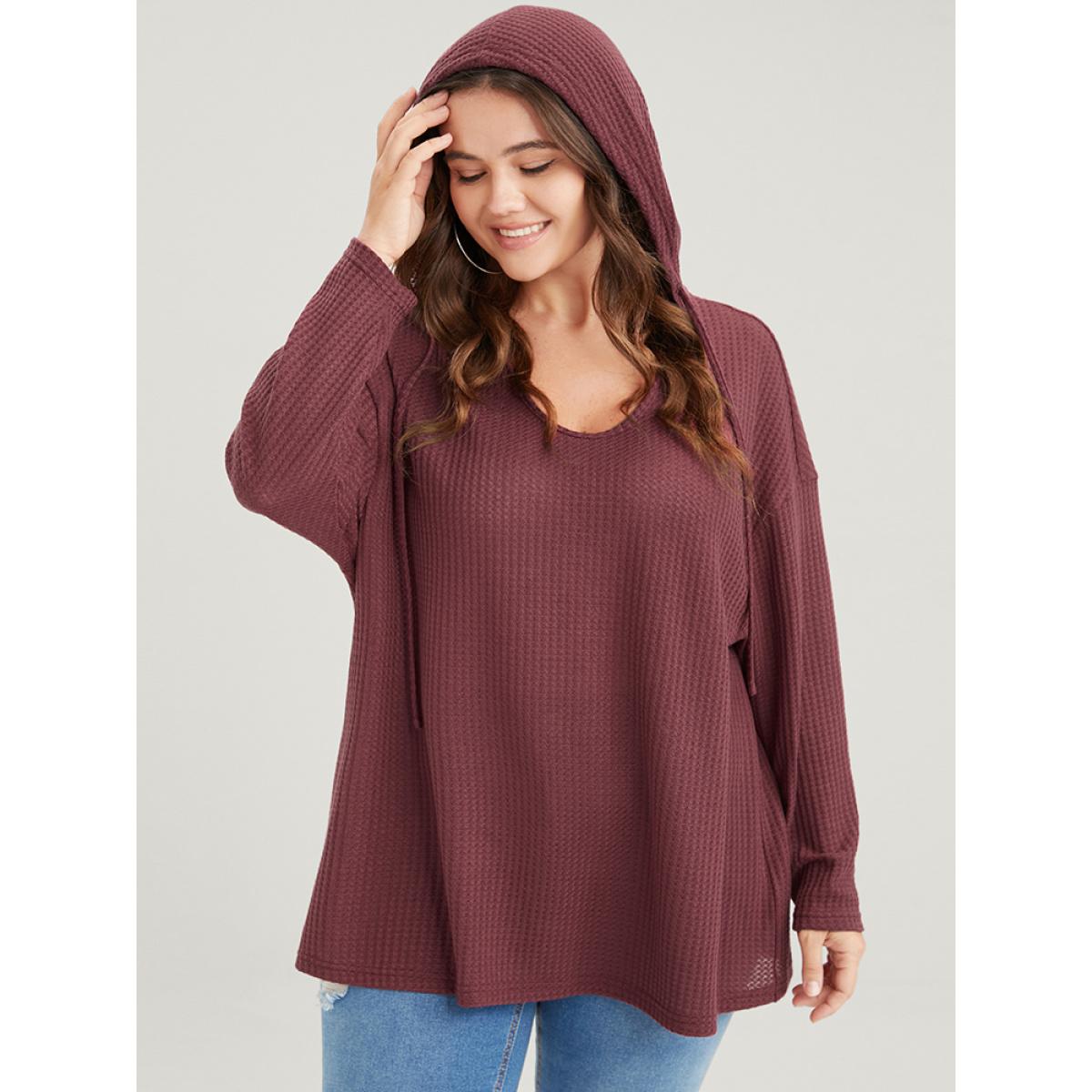 Plus Size Plain Ties Waffle Knit Hooded Sweatshirt Women Scarlet Casual Plain Hooded Dailywear Sweatshirts BloomChic 26/4X Product Image