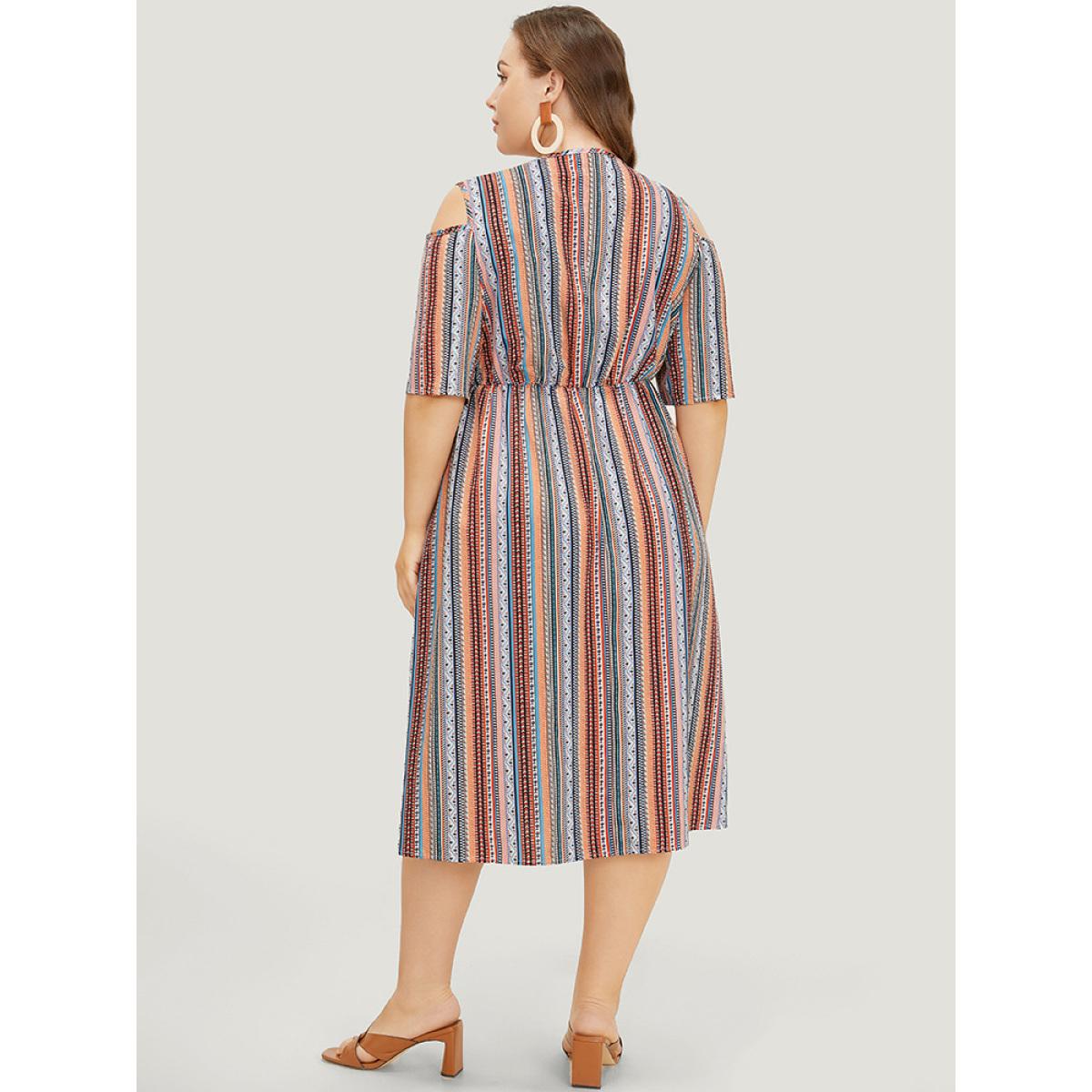 Plus Size Rainbow Striped Pocket Cold Shoulder Dress Multicolor Women Vacation V-neck Short sleeve Curvy Midi Dress BloomChic 14-16/1X Product Image