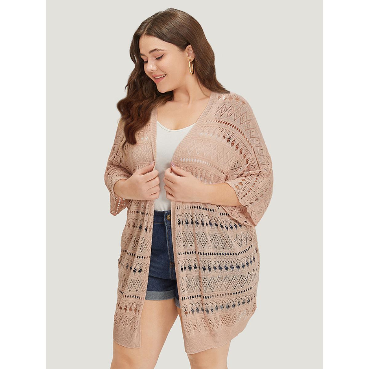 Plus Size Plain Geometric Eyelet Batwing Sleeve Open Front Cardigan Apricot Women Casual Short sleeve Everyday Cardigans BloomChic 28/5X Product Image