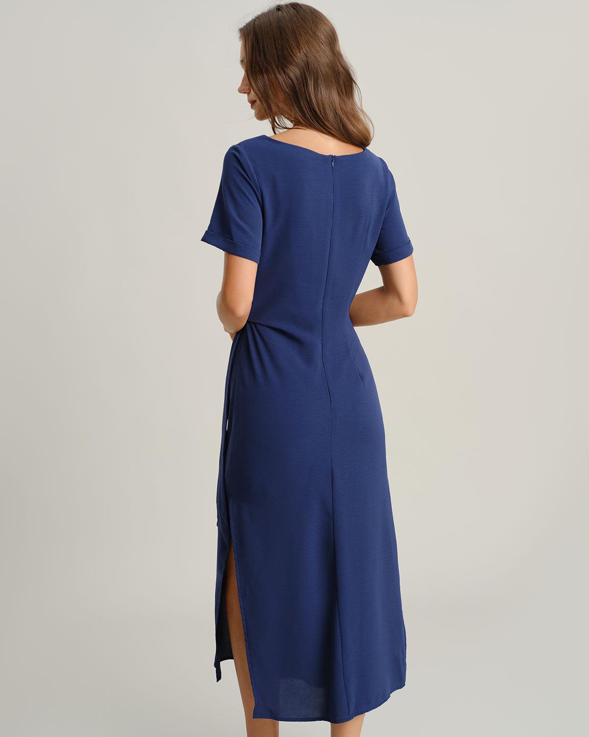 Blue Round Neck Short Sleeve Maxi Dress Product Image