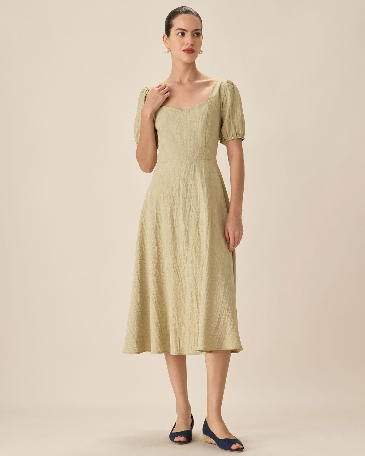 Green Sweetheart Neck Shirred Midi Dress Product Image