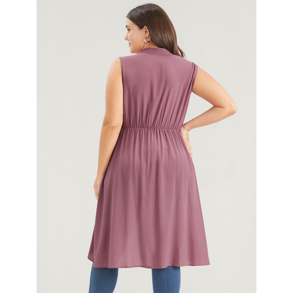 Plus Size DustyPink Solid Gathered Button High Low Hem Fake Pocket Tank Top Women Elegant Sleeveless V-neck Dailywear Blouses BloomChic 10/M Product Image