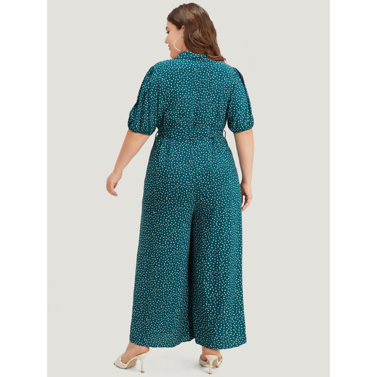 Plus Size Emerald Polka Dot Belted Puff Sleeve Shirt Collar Jumpsuit Women Office Short sleeve Shirt collar Work Loose Jumpsuits BloomChic 26/4X Product Image