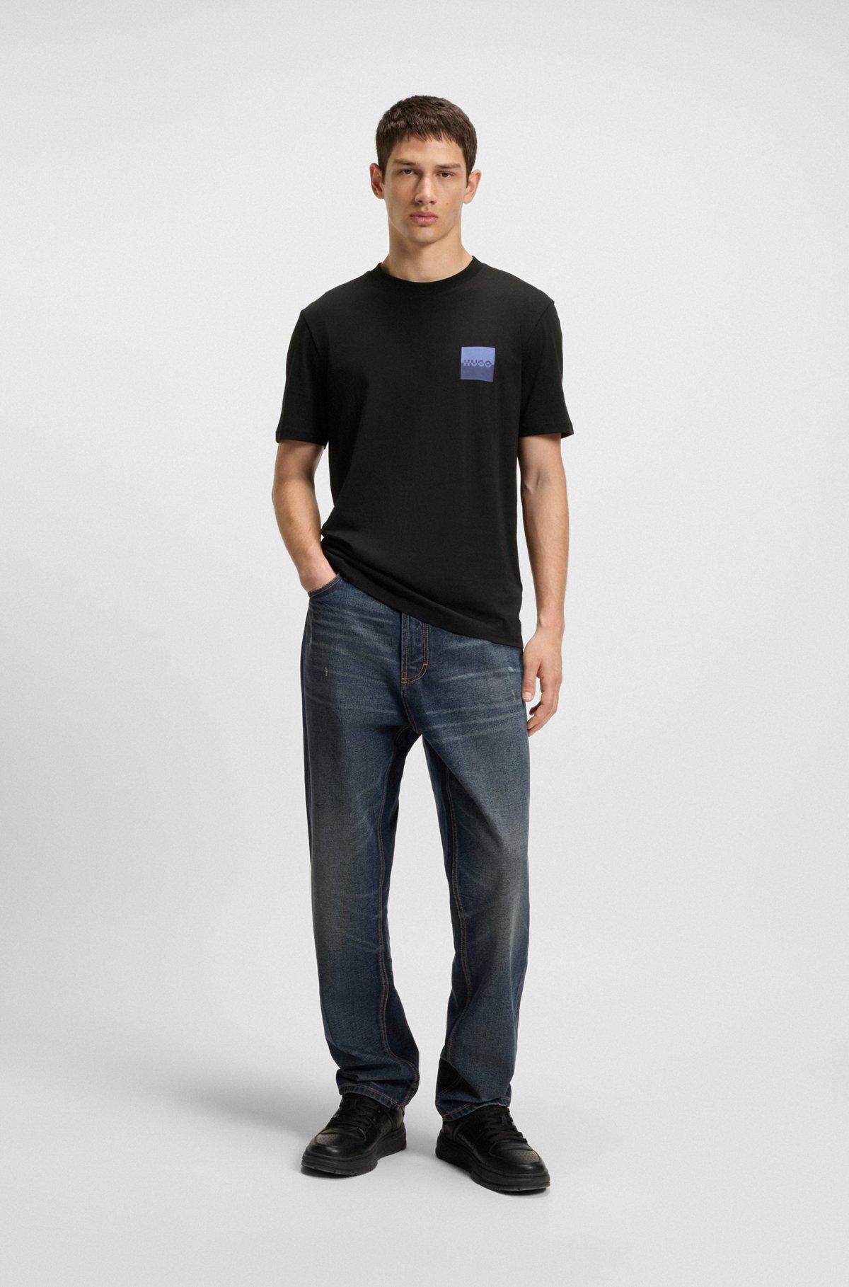 HUGO - Cotton-jersey T-shirt with curved-logo print - Black Product Image