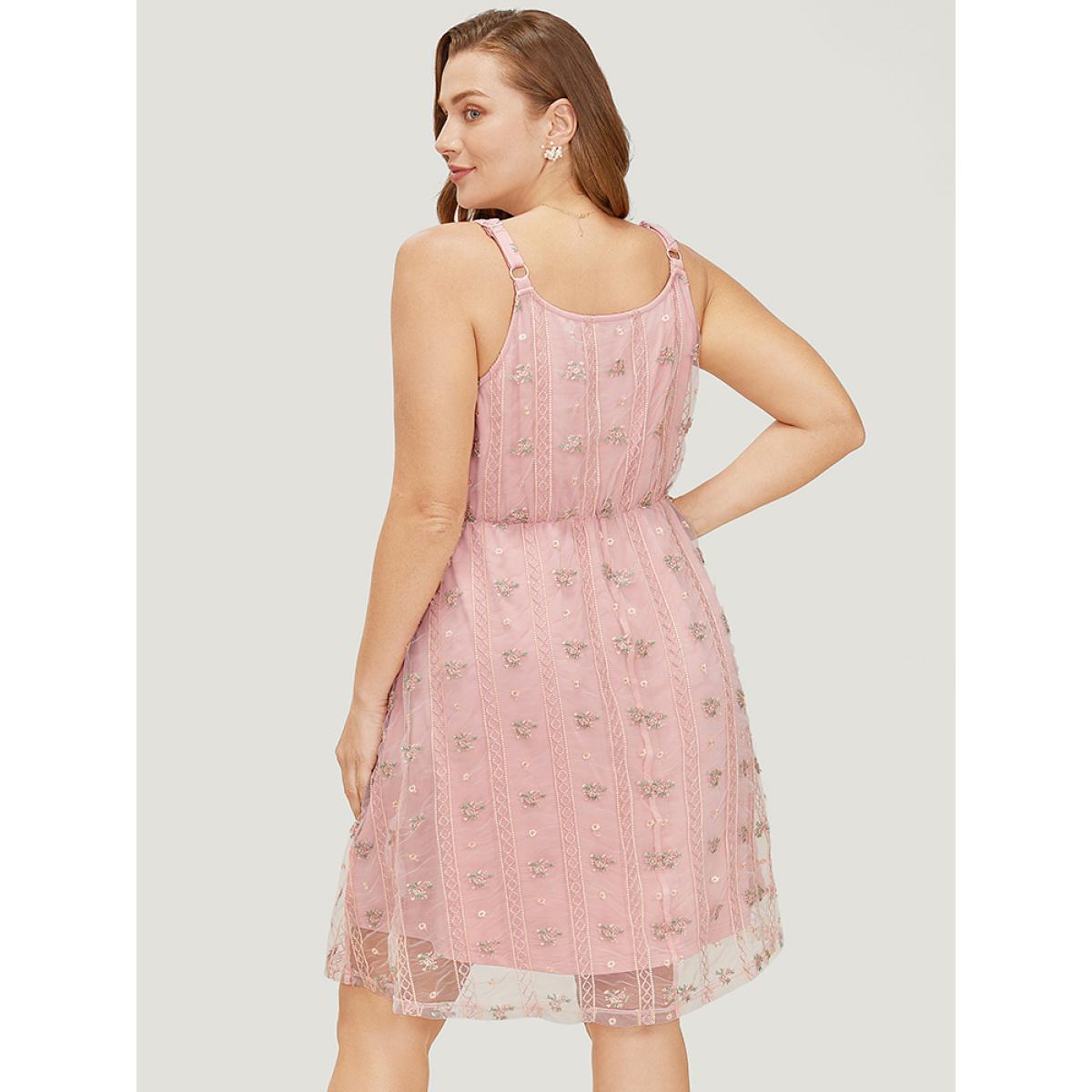 Plus Size Floral Embroidered Mesh Pocket Cami Dress MistyRose Women Glamour Lined Spaghetti Strap Sleeveless Curvy Knee Dress BloomChic 26/4X Product Image