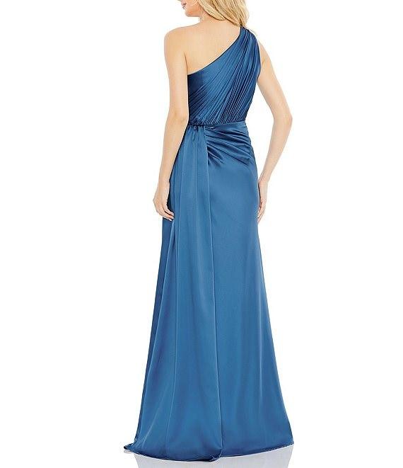Mac Duggal Sleeveless Pleated One Shoulder Thigh High Slit Satin A-Line Gown Product Image