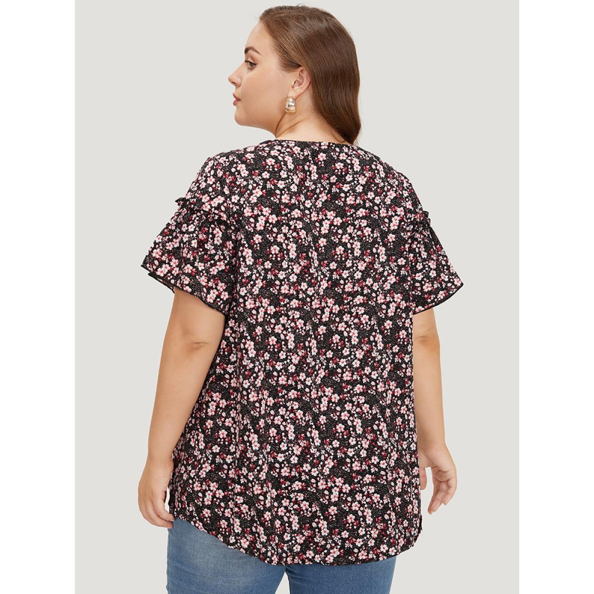 Plus Size BlackFlower Ditsy Floral Frill Trim Gathered Ruffle Sleeve Blouse Women Elegant Short sleeve Round Neck Dailywear Blouses BloomChic 14-16/1X Product Image