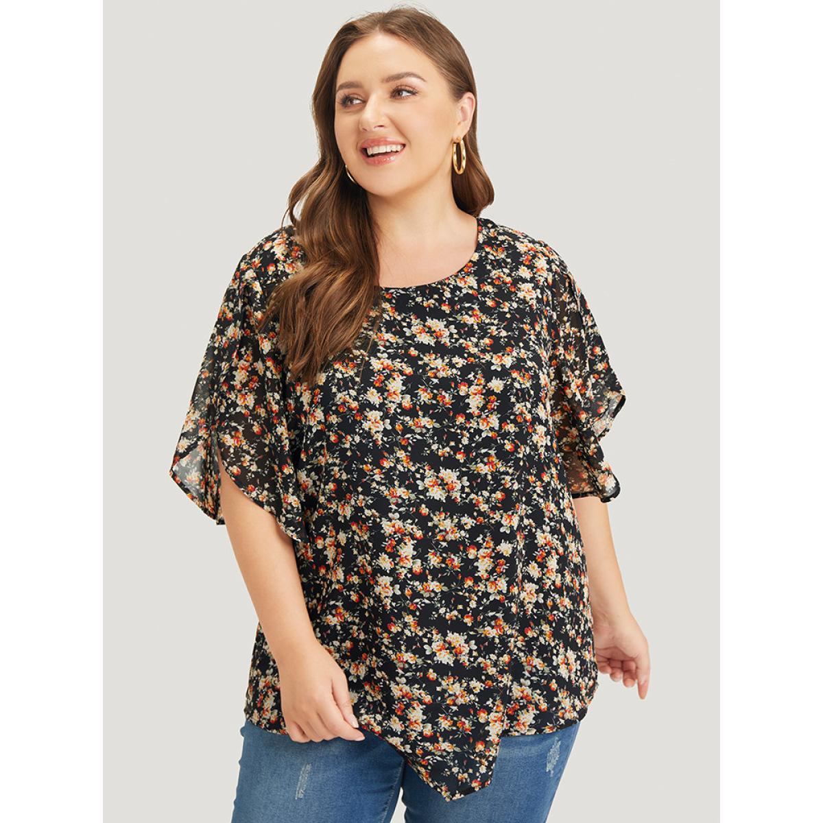 Plus Size Black Ditsy Floral Split Petal Sleeve Crew Neck Blouse Women Elegant Short sleeve Round Neck Dailywear Blouses BloomChic 14-16/1X Product Image