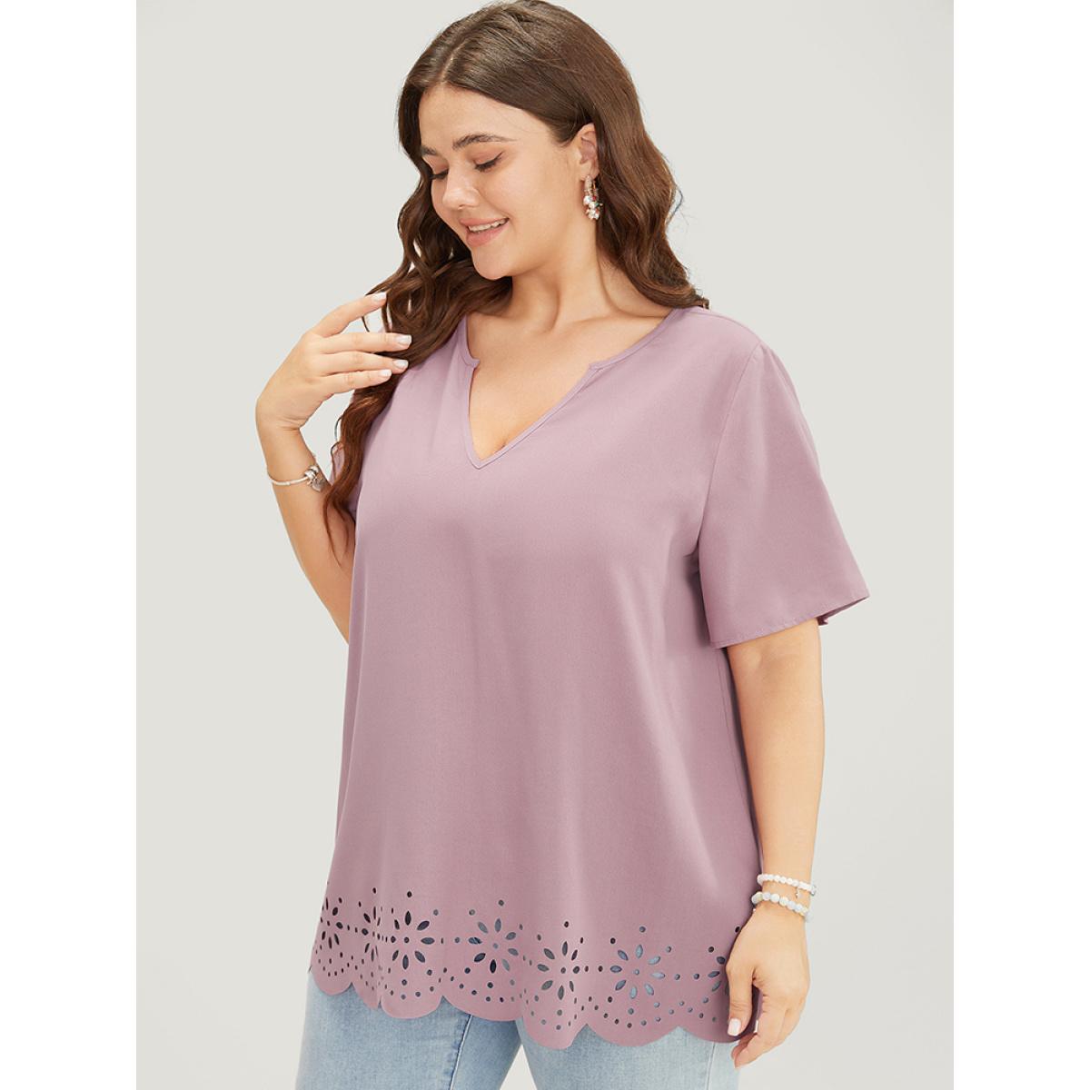 Plus Size Mauve Plain Laser Cut Notched Scalloped Hem Blouse Women Elegant Short sleeve Notched collar Dailywear Blouses BloomChic 10/M Product Image