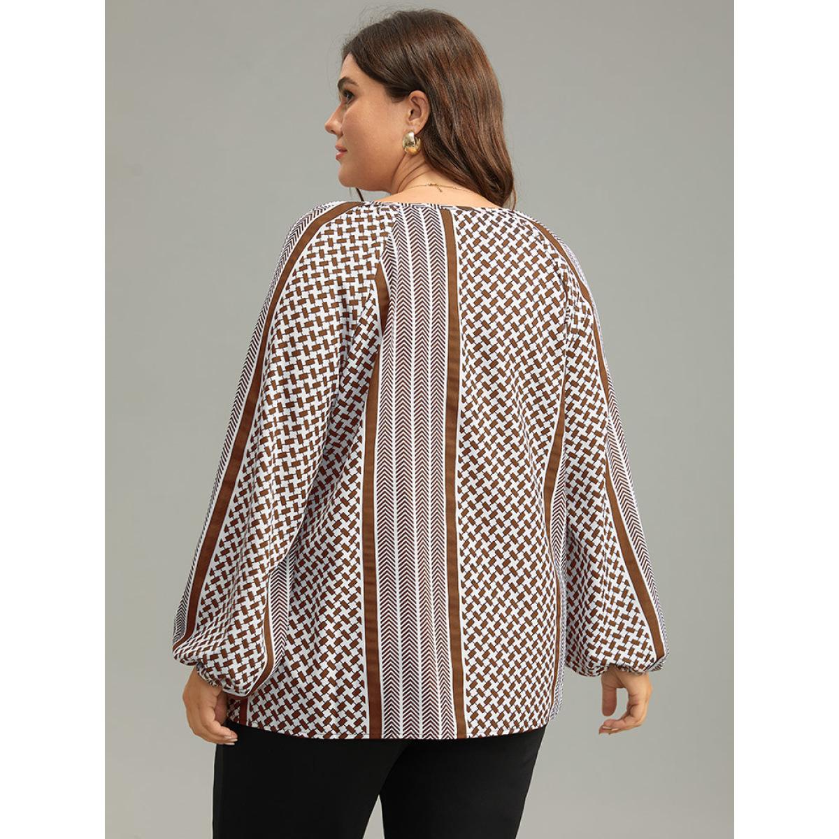 Plus Size Chocolate Geo Striped Tie Lantern Sleeve Blouse Women Resort Long Sleeve Tie Neck Vacation Blouses BloomChic 22-24/3X Product Image