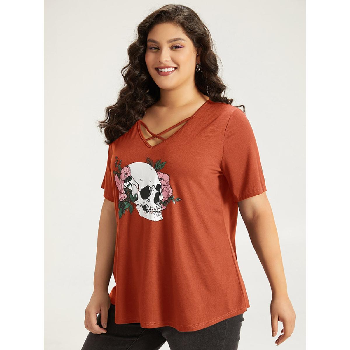 Plus Size Halloween Skull Print Crisscross V Neck T-shirt Chocolate Women Casual Printed Halloween Festival-Halloween T-shirts BloomChic 26/4X Product Image
