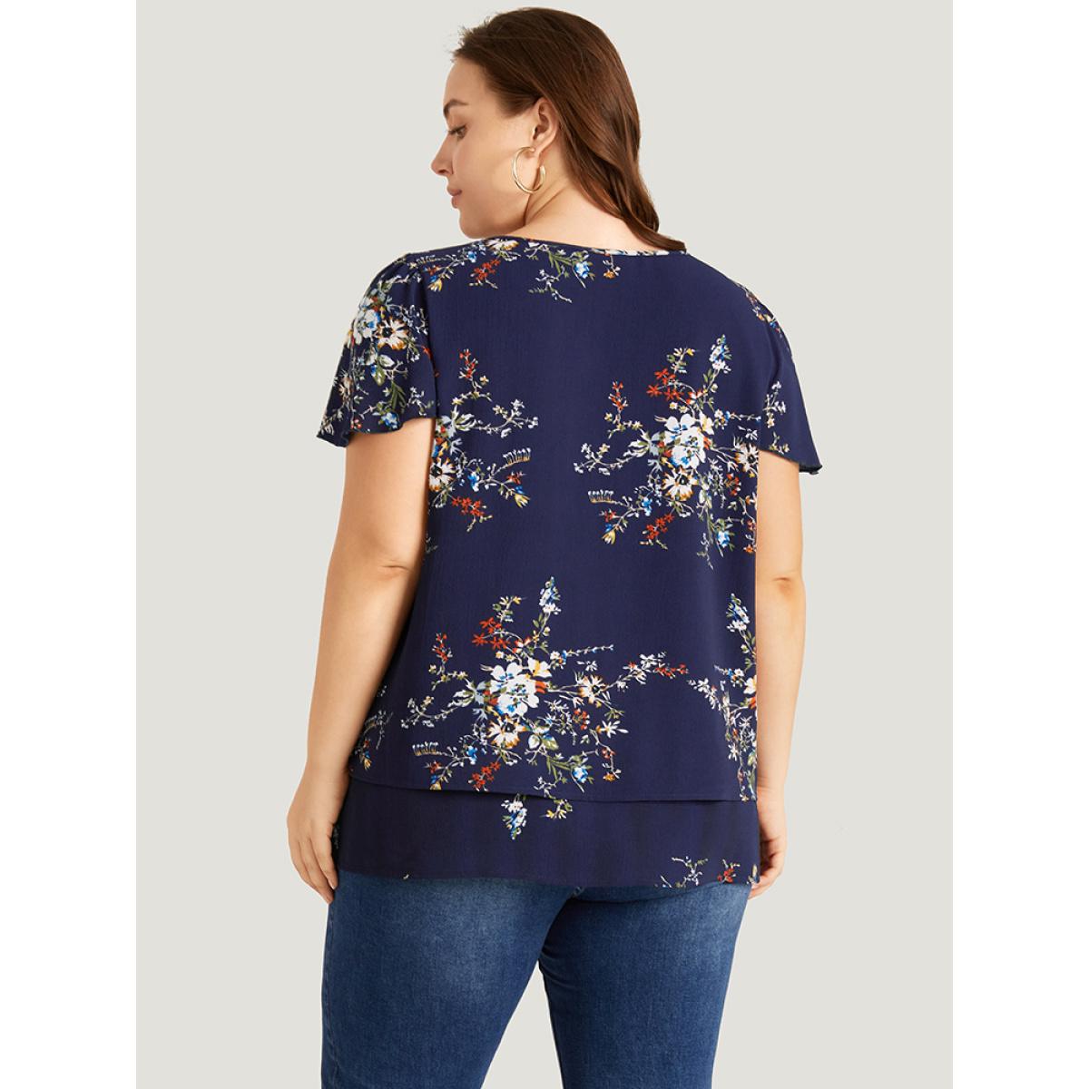 Plus Size Indigo Floral Print Keyhole Flutter Sleeve Blouse Women Elegant Short sleeve Keyhole Cut-Out Dailywear Blouses BloomChic 28/5X Product Image