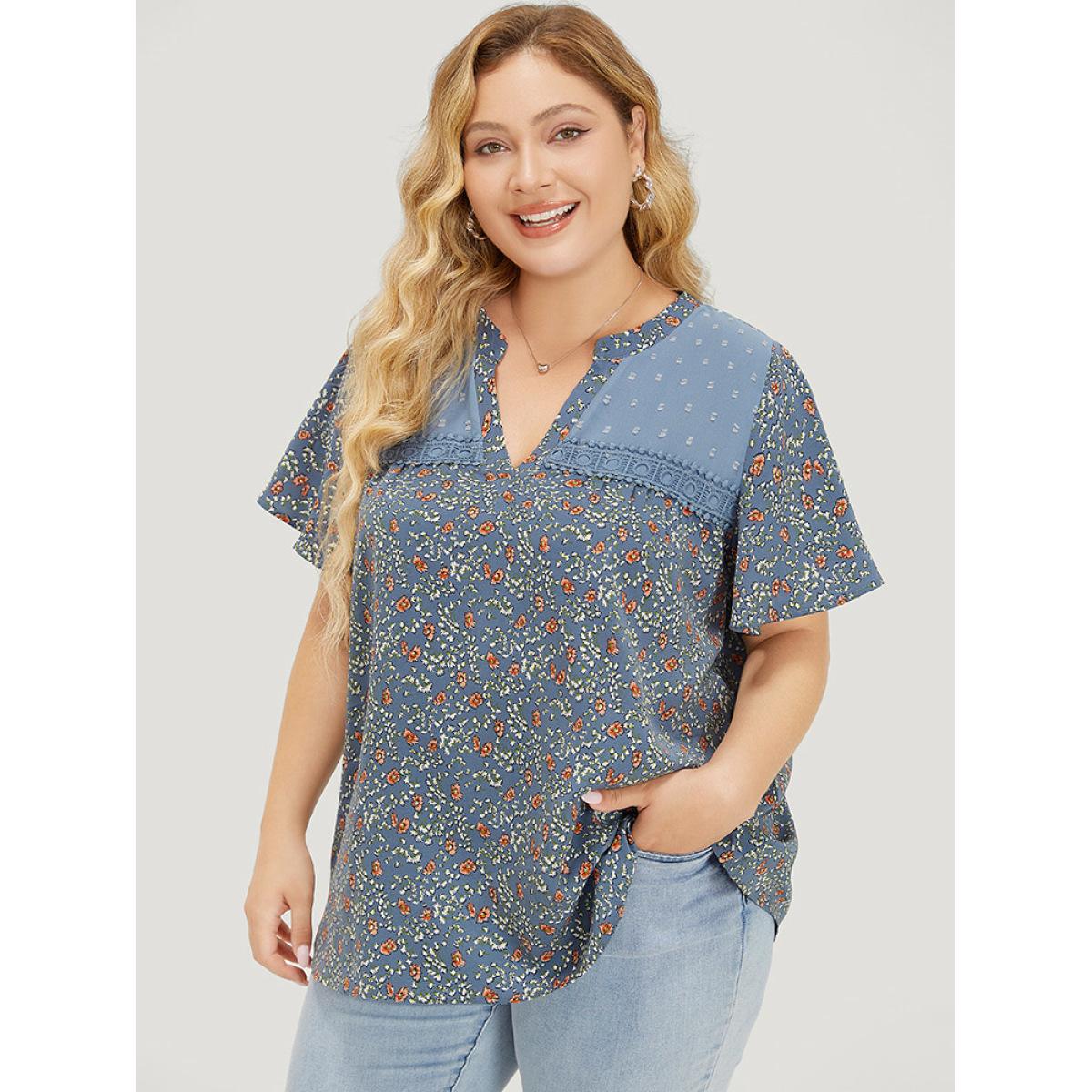 Plus Size Stone Ditsy Floral & Polka Dot Lace Notched Neck Blouse Women Elegant Short sleeve Notched collar Dailywear Blouses BloomChic 10/M Product Image