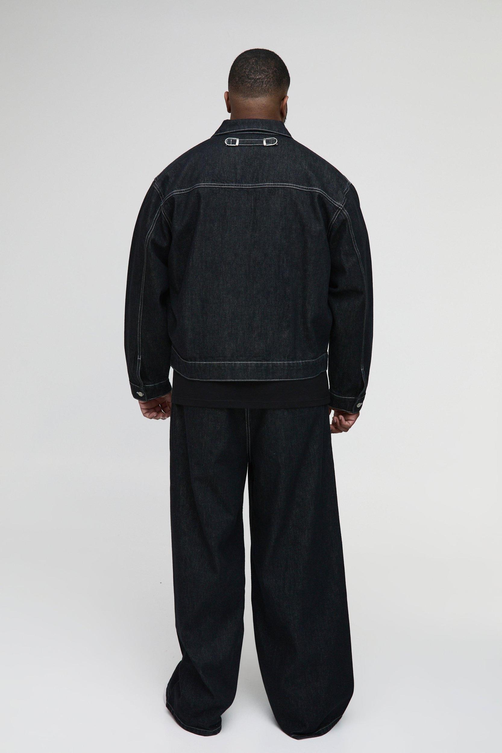 Plus Boxy Contrast Stitch Jean Jacket | boohooMAN USA Product Image