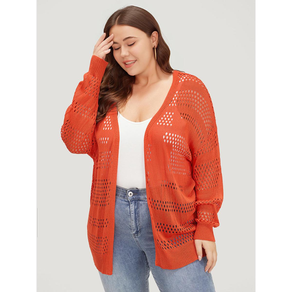 Plus Size Plain Open Front Elastic Sleeve Cut Out Cardigan Scarlet Women Casual Loose Long Sleeve Everyday Cardigans BloomChic 12/L Product Image