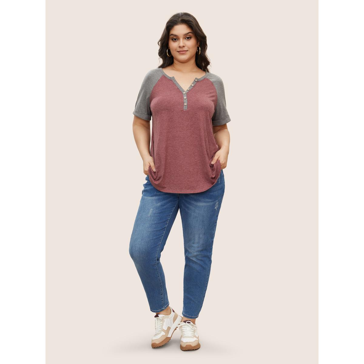 Plus Size Colorblock Contrast Roll Raglan Sleeve Button Detail Notched T-shirt Russet Women Casual Contrast Colorblock Round Neck Everyday T-shirts BloomChic 14-16/1X Product Image