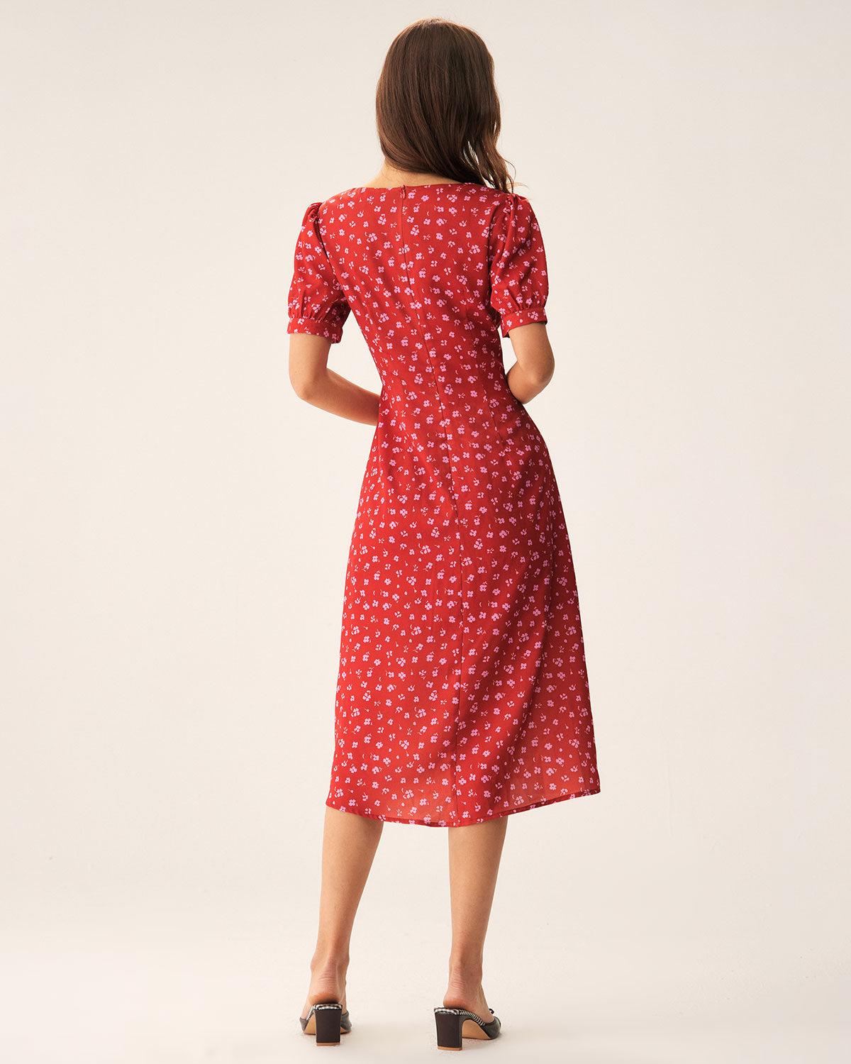 Red Polka Dot Ruched Midi Dress Product Image