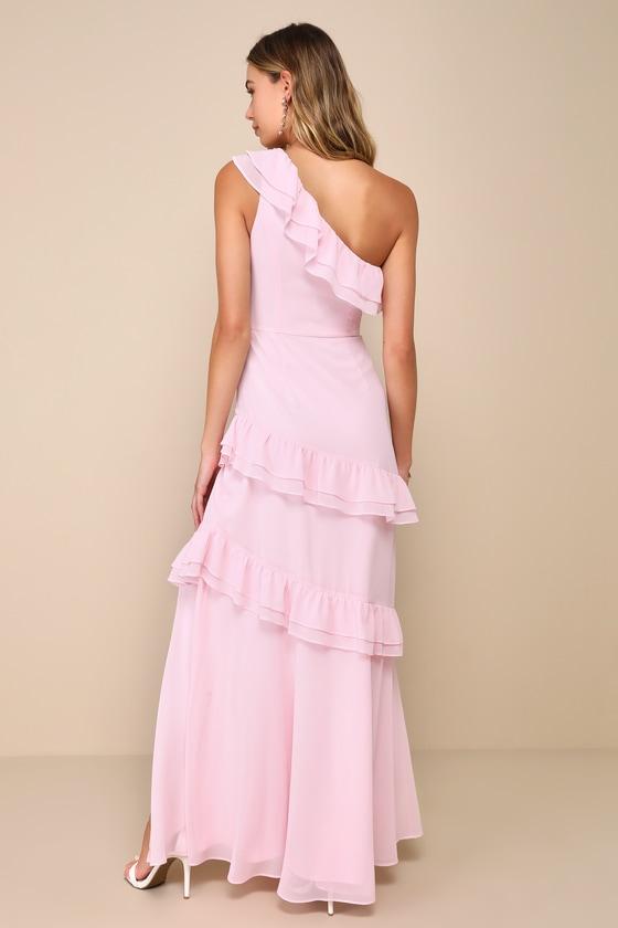 Brilliant Grace Light Pink Ruffled One-Shoulder Maxi Dress Product Image